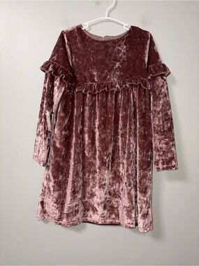 Rare Editions Mauve Crushed Velvet Long Sleeve Dress Ruffle Yoke Girls 6X